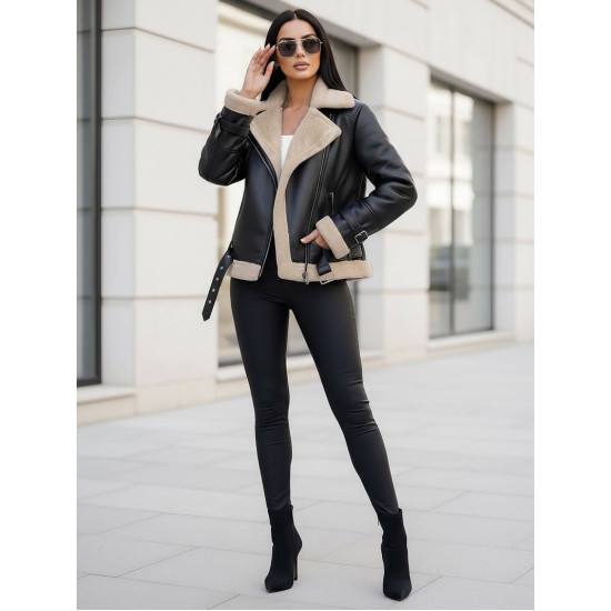 Moteriška juoda odinė striukė su kailiuku Elen Moteriškos striukės