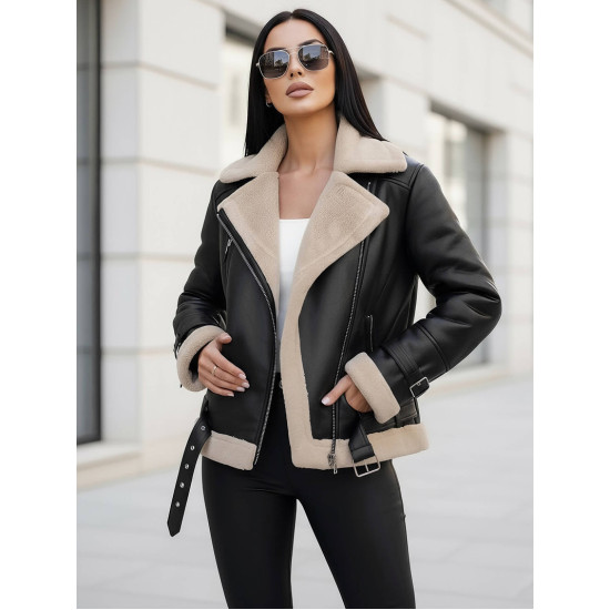 Moteriška juoda odinė striukė su kailiuku Elen Moteriškos striukės