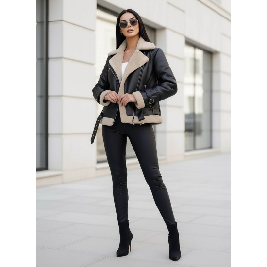 Moteriška juoda odinė striukė su kailiuku Elen Moteriškos striukės