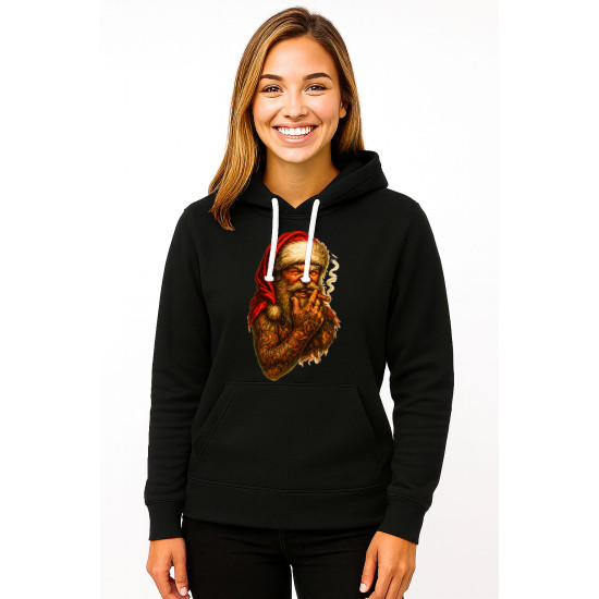 Juodas džemperis su gobtuvu Kalėdų senelis su cigaru