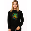 Women's black hoodless sweater with geometric wolf print