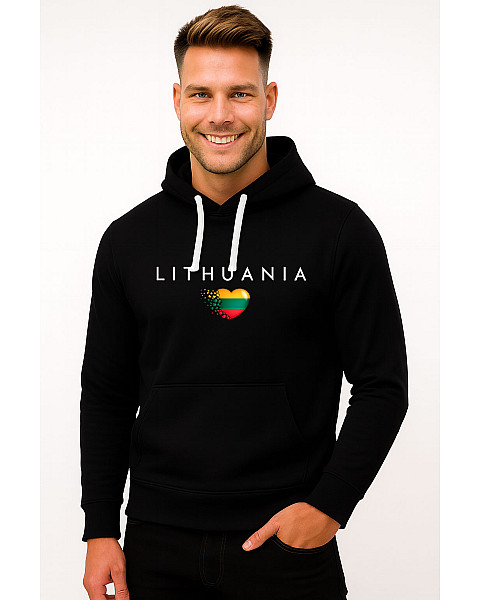 Vyriškas juodas džemperis su gobtuvu Lithuania (balta)