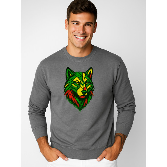 Men's gray hoodless sweater with a geometric wolf design Hooded jumpers