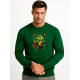 Men's dark green hoodless sweater with a geometric wolf design
