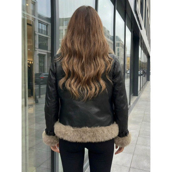 Moteriška juoda odinė striukė su kailiu Bali Moteriškos striukės
