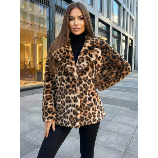 Moteriška ruda kailinė striukė su gyvūniniu raštu Leopard Moteriškos striukės