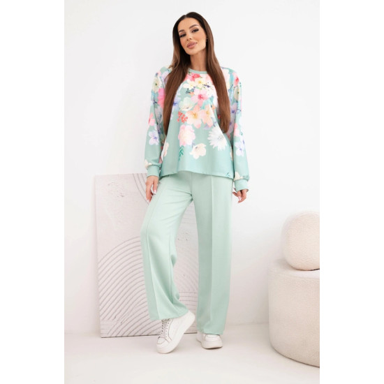 Sieviešu piparmētru komplekts ar platām biksēm Ziedi