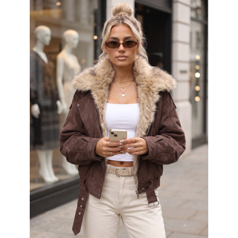 Moteriška tamsiai ruda striukė su kailiuku Hill