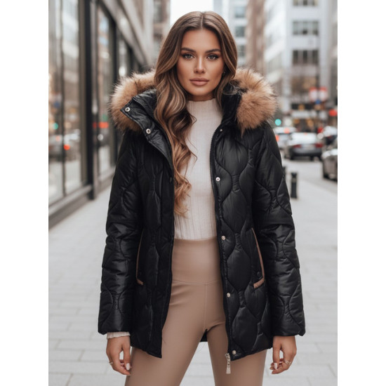 Moteriška juoda žieminė striukė su ruda detale Lumor