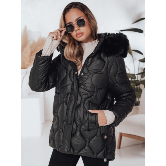 Moteriška juoda žieminė striukė su juodu kailiuku Lumor