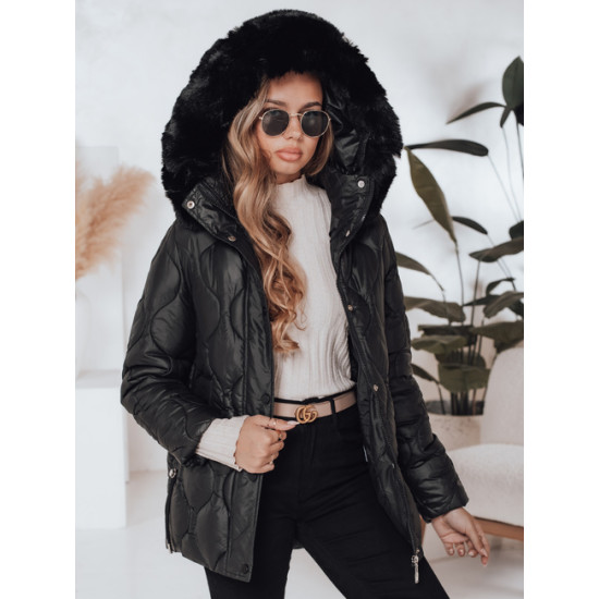 Moteriška juoda žieminė striukė su juodu kailiuku Lumor