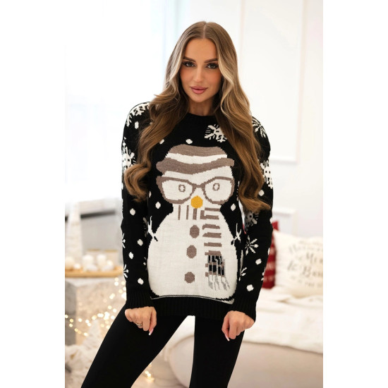 Moteriškas juodas kalėdinis megztinis Snowman