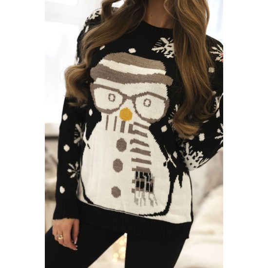 Moteriškas juodas kalėdinis megztinis Snowman