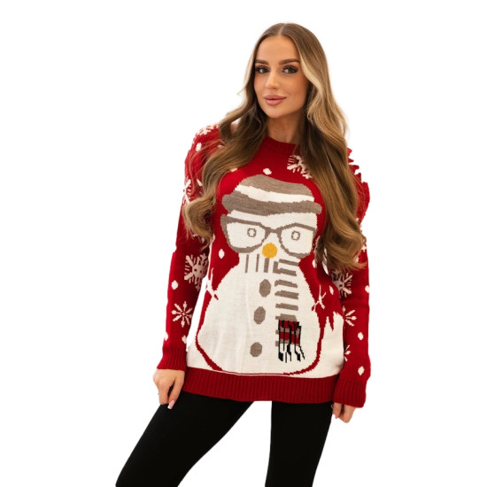 Moteriškas raudonas kalėdinis megztinis Snowman