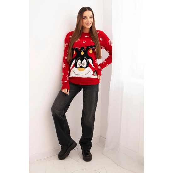 Moteriškas raudonas kalėdinis megztinis su elniu Deer