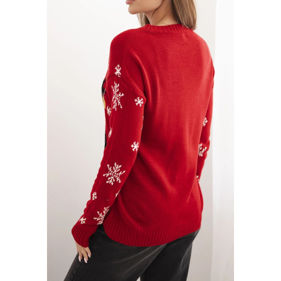 Moteriškas raudonas kalėdinis megztinis su elniu Deer