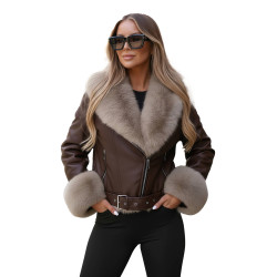 Moteriška tamsiai ruda striukė su rusvu kailiuku Real