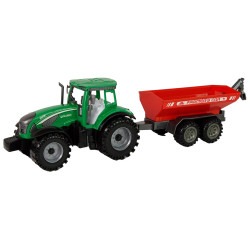 Žalias traktorius su raudona priekaba