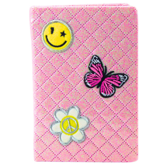 Rožinė užrašų knygutė blizgančiu paviršiumi ir aplikacijomis A6, 80 lapų Užrašų knygelės