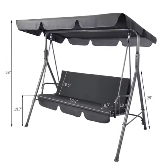 Three-person Garden Swing Rocking Cushions Mattress Gray