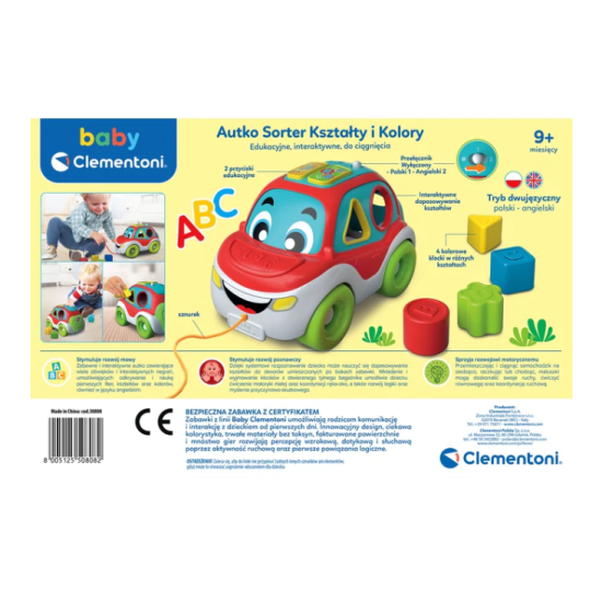 Interaktyvus formų ir spalvų rūšiavimo automobilis (lenkų ir anglų kalbomis) Clementoni 50808 Kūdikiams