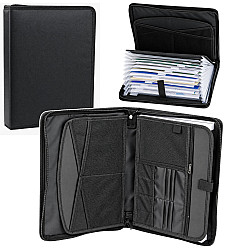 Black A4-size document folder with compartments