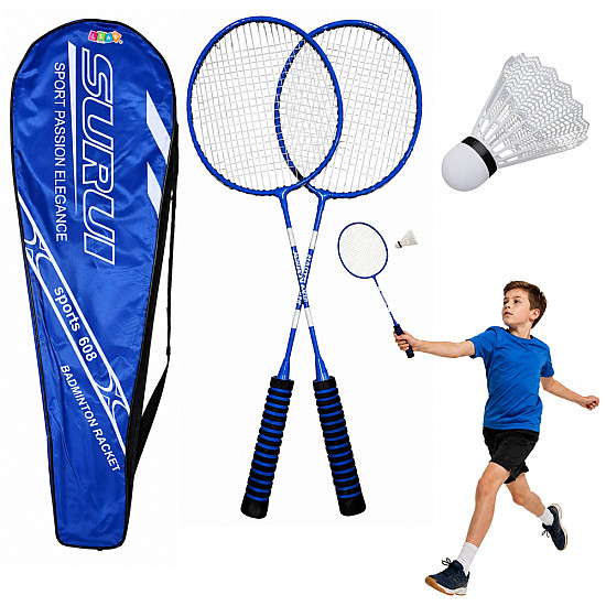 Sininen badmintonsetti, jossa on mailat