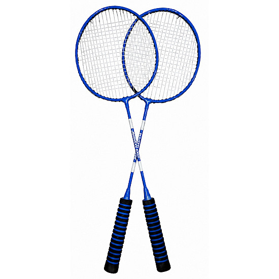 Sininen badmintonsetti, jossa on mailat