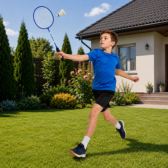 Sininen badmintonsetti, jossa on mailat