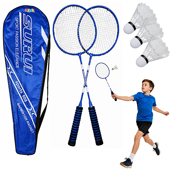 Sininen badmintonsetti, jossa on mailat