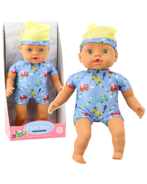 Kūdikio lėlė mėlynais drabužiais 31 cm