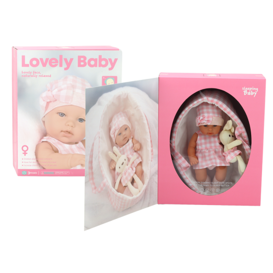 Lėlė kūdikis su zuikučiu ir rožiniu languotu drabužiu Lėlės ir žaidimų rinkiniai