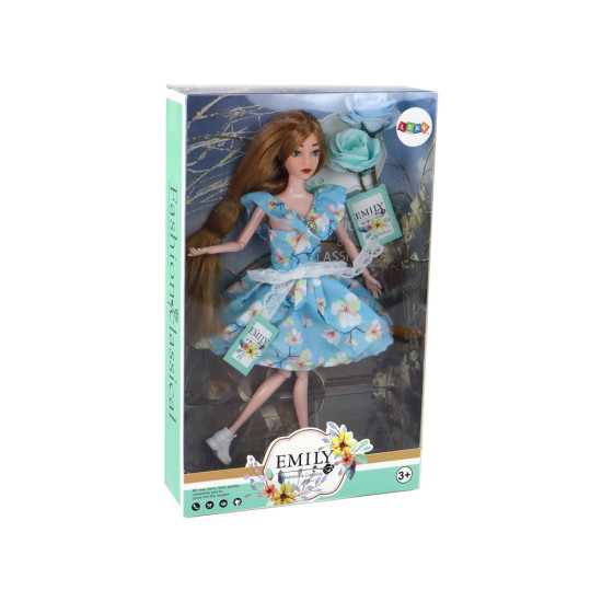 Ilgaplaukė lėlė Emilija su mėlyna gelėta suknele Lėlės ir žaidimų rinkiniai