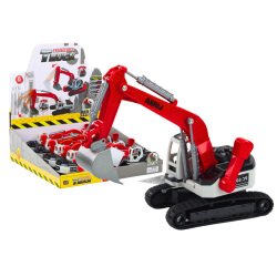 Vikšrinis ekskavatorius su baltu ir raudonu metaliniu kaušu