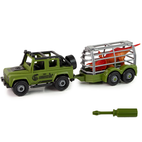 Žalias visureigis su dinozaurų transportavimo preikaba ir dinozauru Dinozaurai