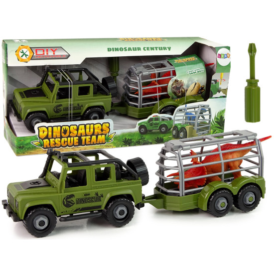 Žalias visureigis su dinozaurų transportavimo preikaba ir dinozauru Dinozaurai