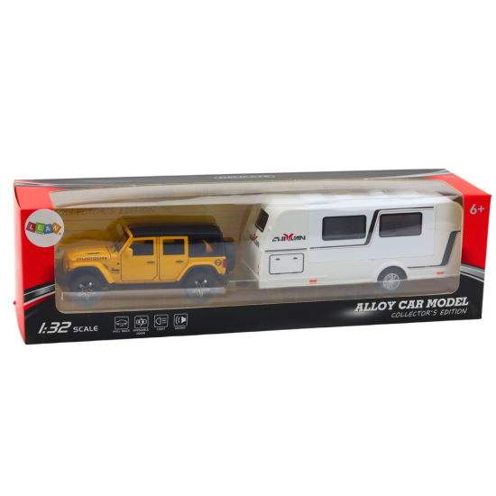 Set of Off-road Vehicles with Camper, Metal, Drive, Lights, Sounds, Yellow, 1:32 Žaisliniai automobiliai