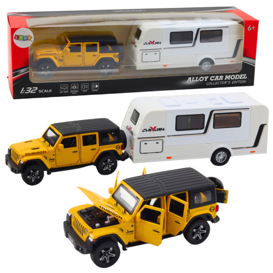 Set of Off-road Vehicles with Camper, Metal, Drive, Lights, Sounds, Yellow, 1:32 Žaisliniai automobiliai