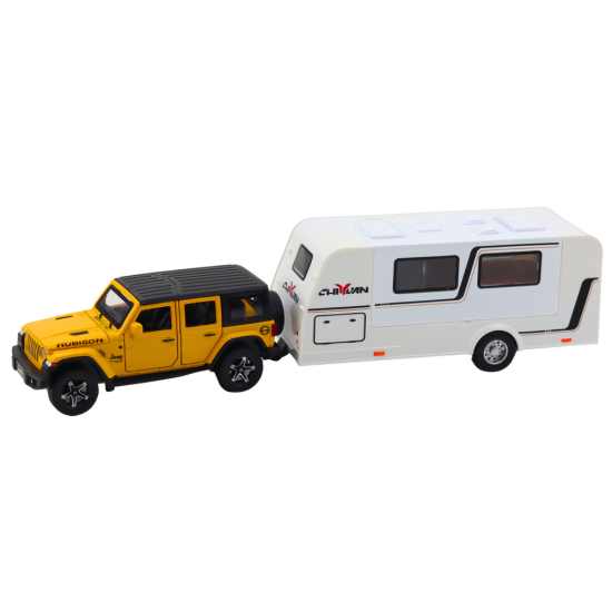 Set of Off-road Vehicles with Camper, Metal, Drive, Lights, Sounds, Yellow, 1:32 Žaisliniai automobiliai