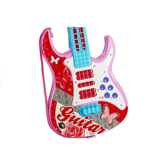Rožinė/mėlyna elektrinė gitara su stygomis ir mikrofonu 3362 - Žaislai Rožinė/mėlyna elektrinė gitara su stygomis ir mikrofonu Muzikos instrumentai