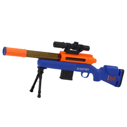 Didelis mėlynas šautuvas su šoviniais ir stovu