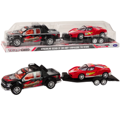 Pikapas su vilkiku ir sportiniu automobiliu