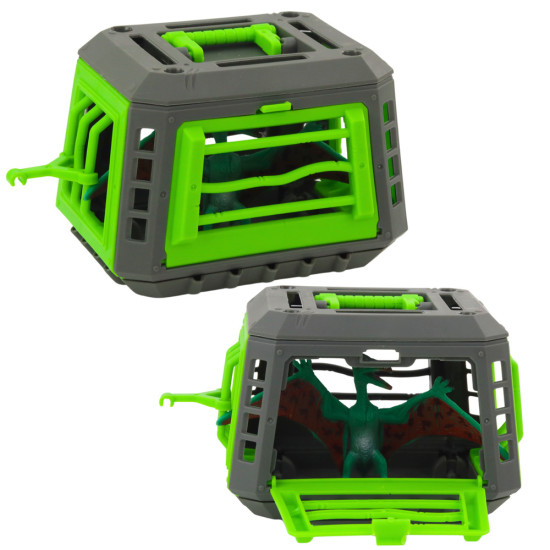 Keturračio komplektas su vairuotoju, dinozauru ir dinozauro narvu Dinozaurai