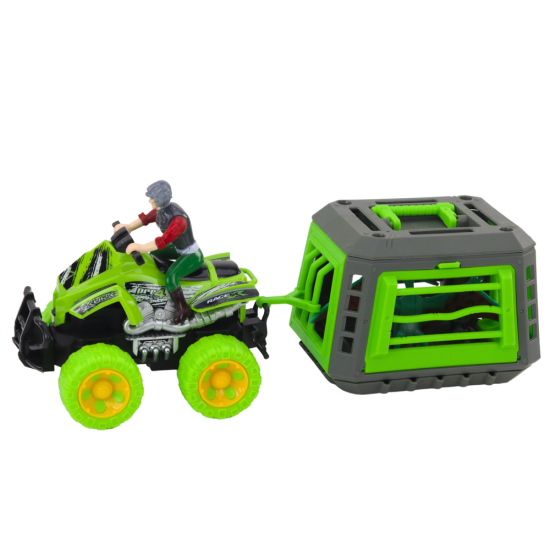 Keturračio komplektas su vairuotoju, dinozauru ir dinozauro narvu Dinozaurai