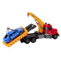 Raudonas vilkikas su kranu