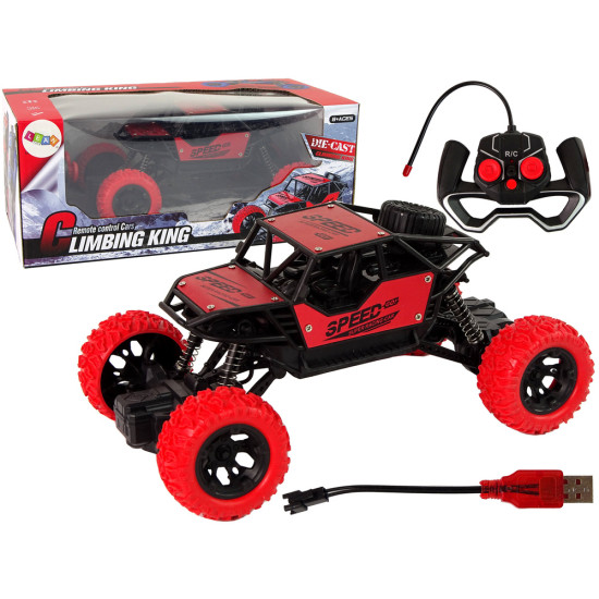 Nuotoliniu būdu valdomas automobilis R/C 1:18 raudonos spalvos. Radijo bangomis valdomi žaislai