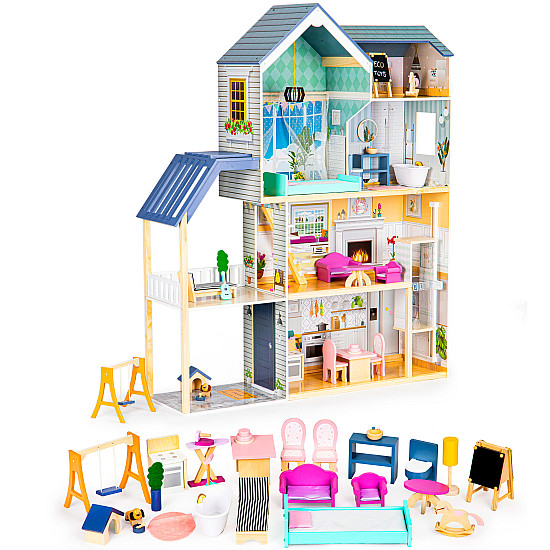 Mėlynas medinis lėlių namelis Ecotoys Lėlės ir žaidimų rinkiniai ECOTOYS