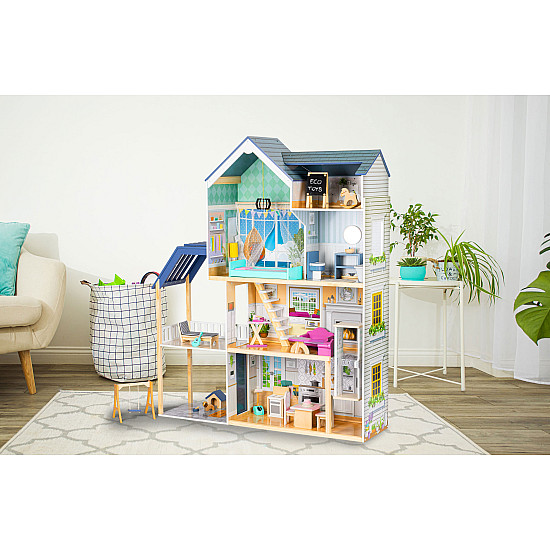 Mėlynas medinis lėlių namelis Ecotoys Lėlės ir žaidimų rinkiniai ECOTOYS