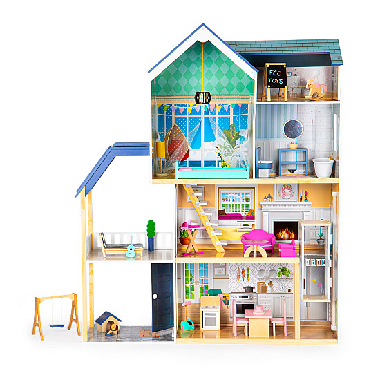 Mėlynas medinis lėlių namelis Ecotoys Lėlės ir žaidimų rinkiniai ECOTOYS