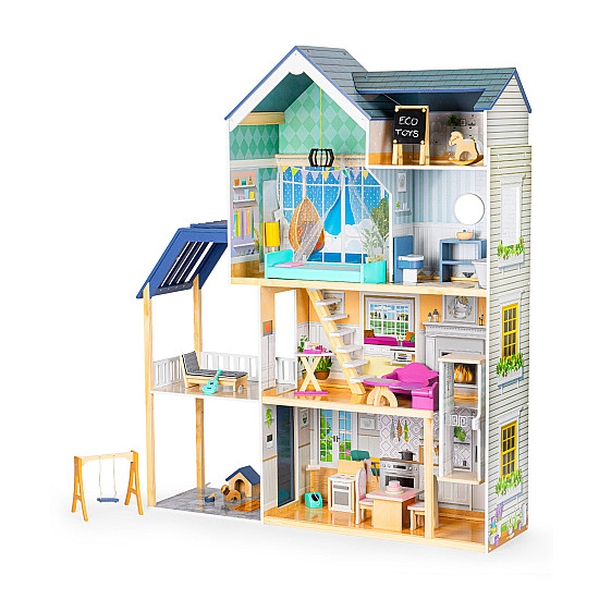 Mėlynas medinis lėlių namelis Ecotoys Lėlės ir žaidimų rinkiniai ECOTOYS